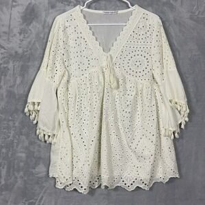 Tempo Paris Womens Cover Up Top Eyelet Baby Doll Bohemian Cottage S/M Italy Made